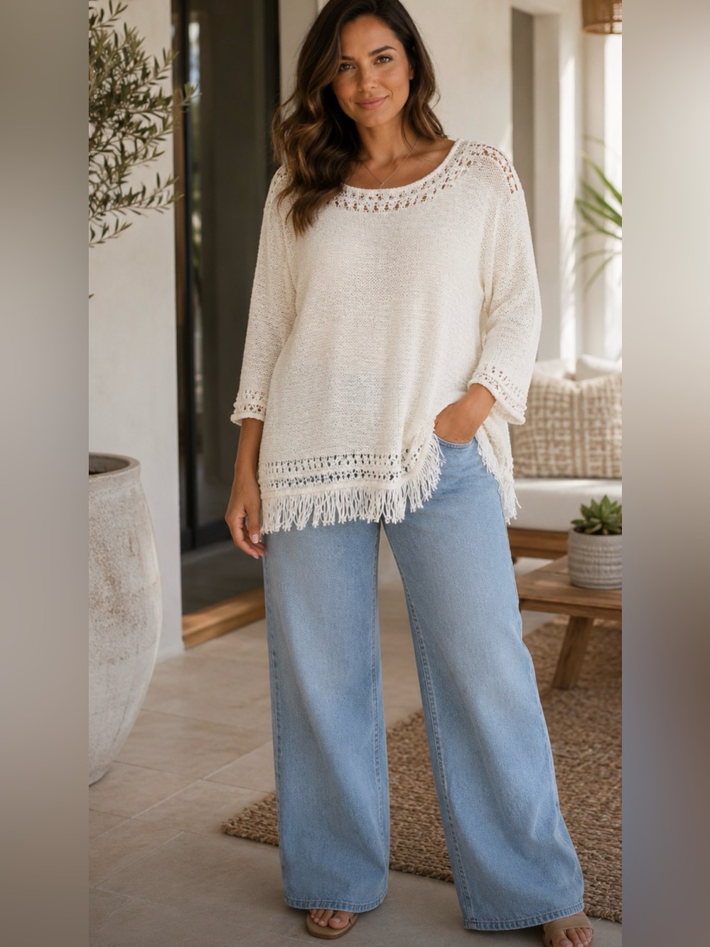Women’s Knit Long Sleeve Fringe Cream Sweater Summer Beachy Large Cotton Mix